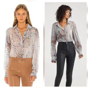 7 For All Mankind Ruffle Cuff Blouse in Pink Snake Print Cuffed Blouse Small